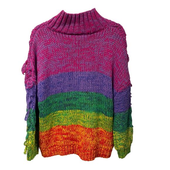 Farm Rio Multicolor Striped Yarn Fringe Turtleneck Sweater Womens Medium - Picture 8 of 10